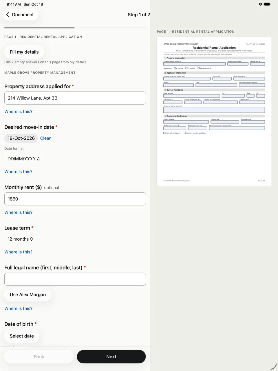 Fillstep on iPad: the questions on the left and the rental application page on the right, filled in as you type.