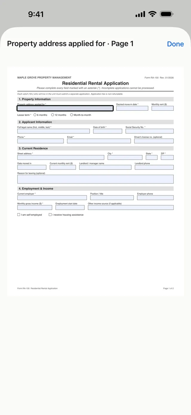 Fillstep on iPhone: Where is this? shows the property address field highlighted on the PDF page.