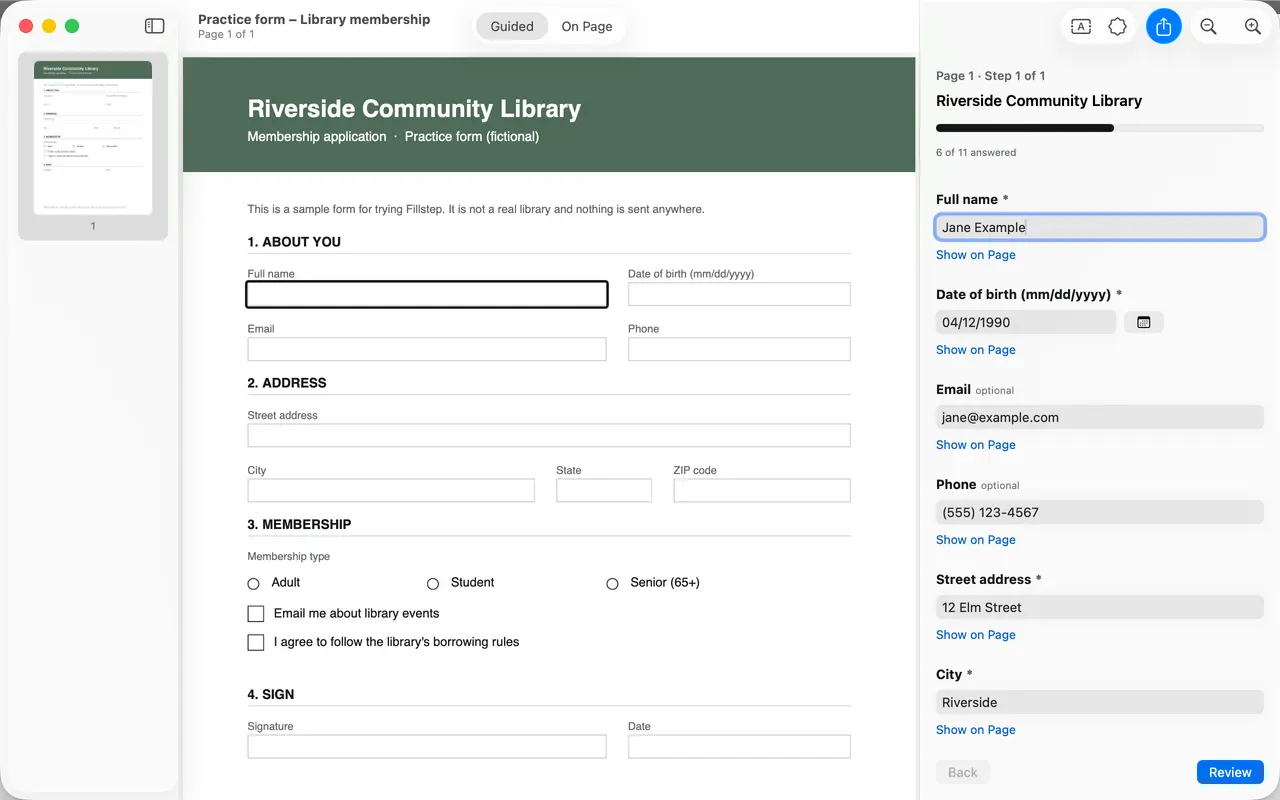 Fillstep for Mac in Guided view: the form page with its questions in a panel on the right.