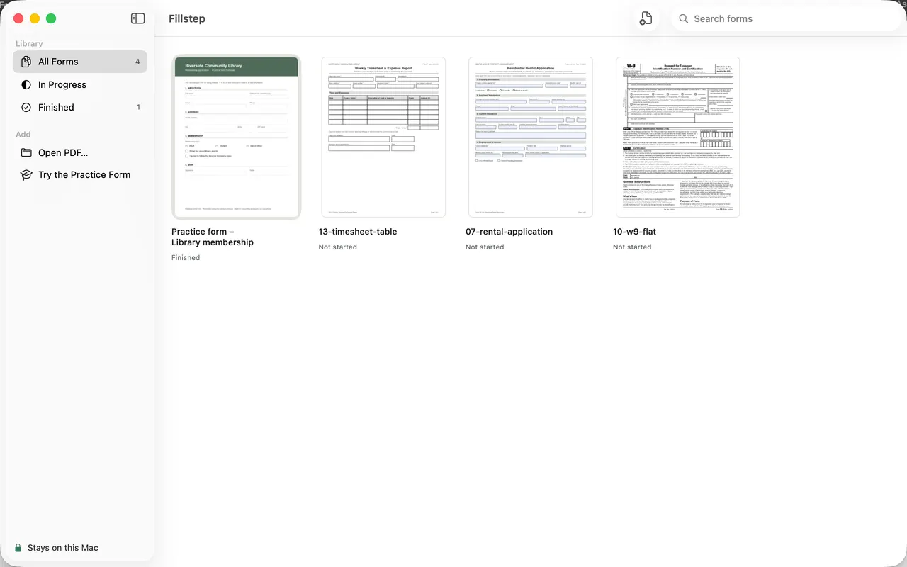 Fillstep for Mac: the library of forms with All Forms, In Progress and Finished in the sidebar.