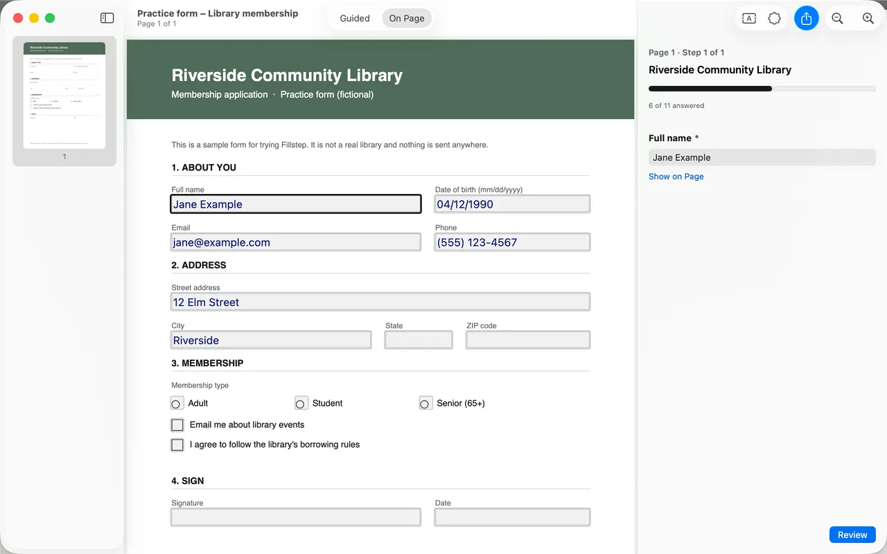 Fillstep for Mac in On Page view: answers typed straight into the fields of the form.