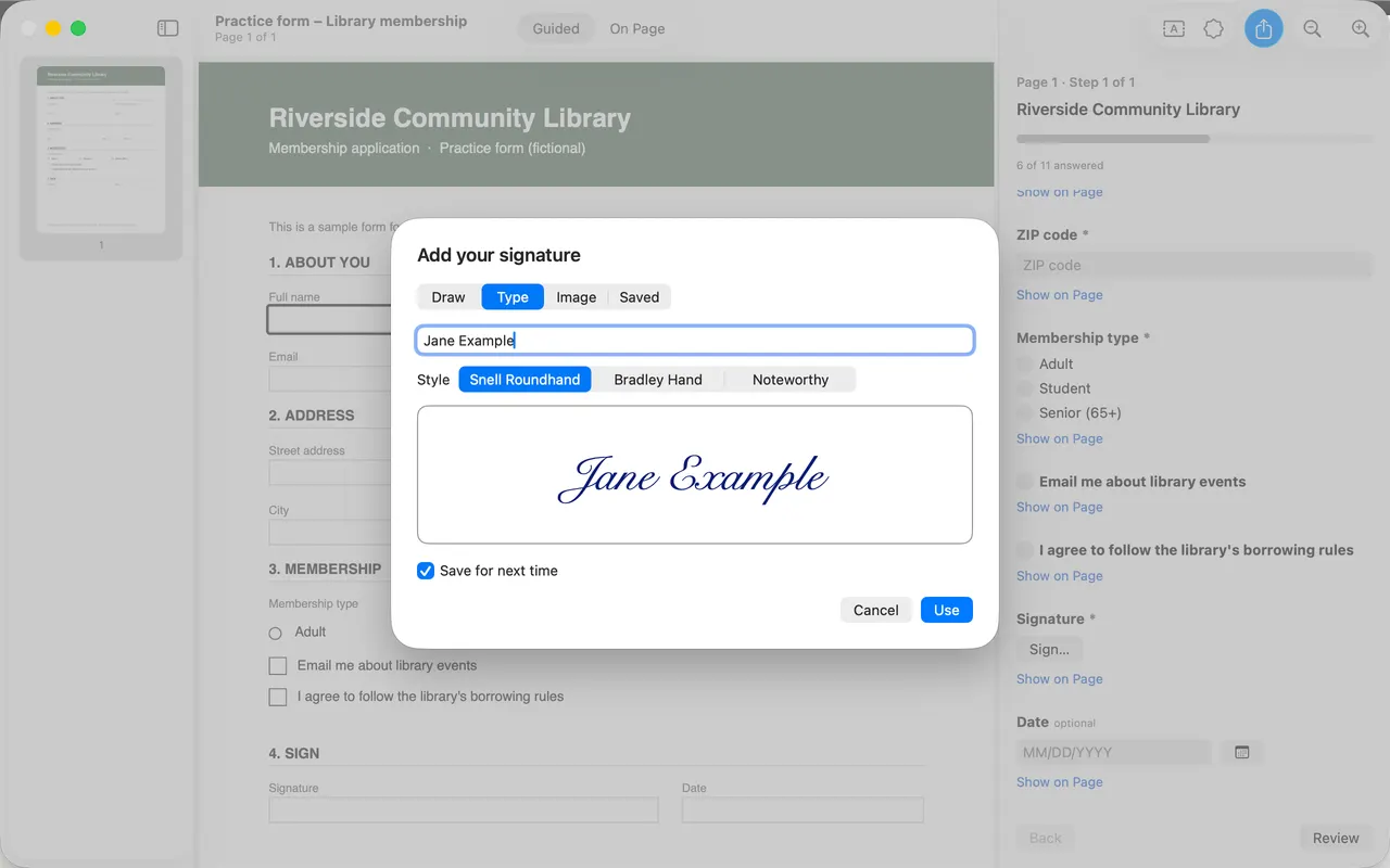 Fillstep for Mac: the Add your signature sheet with Draw, Type, Image and Saved, and a typed signature.